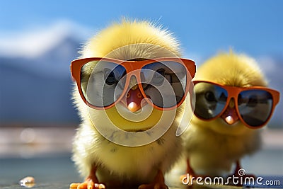 Young yellow chick dons tiny sunglasses, a soft, adorable farmer Stock Photo