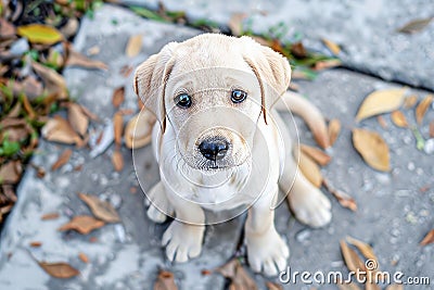 A young yellow Labrador Retriever puppy stands attentively Stock Photo