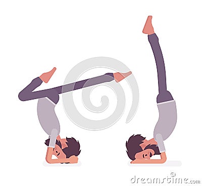 Young yogi man practicing yoga, doing headstand and handstand pose Vector Illustration