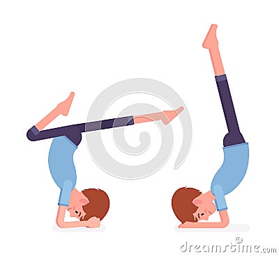 Young yogi man practicing yoga, doing headstand and handstand pose Vector Illustration