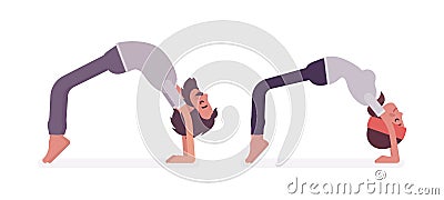 Young yogi man, woman practicing yoga, Bridge pose Vector Illustration