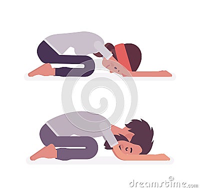 Young yogi man and woman practicing yoga, Child pose Vector Illustration