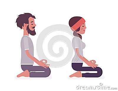 Young yogi man and woman practicing yoga, seiza pose Vector Illustration