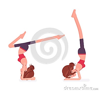 Young yogi woman practicing yoga, doing headstand and handstand pose Vector Illustration