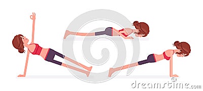 Woman practicing yoga, doing Push and press ups, plank pose Vector Illustration