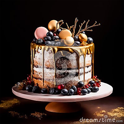 Your Christmas cake, from the classic fruit cake with marzipan and royal icing with edible gold leaf and macarons Stock Photo