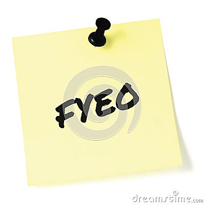 For your eyes only initialism FYEO black marker written acronym text, isolated yellow post-it to-do list sticky note abbreviation Stock Photo