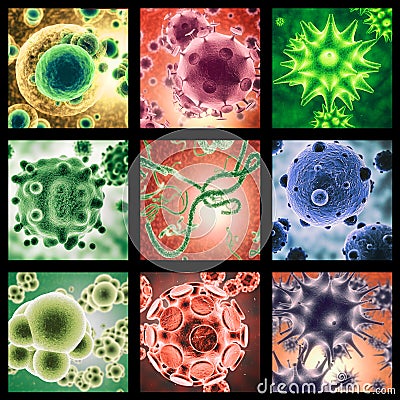 Is your immune system ready. A combined image of various micro organisms as seen under a microscope in color. Stock Photo