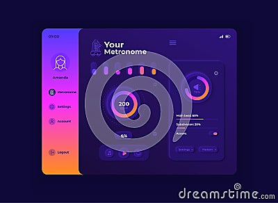 Your metronome tablet interface vector template. Mobile app page night mode design layout Vector Illustration