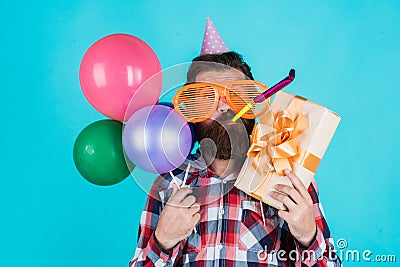 Your order is ready. brutal male on party. funny man in birthday hat. happy holiday celebration. party goer going crazy Stock Photo