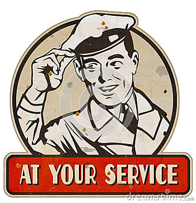 At Your Service Man Sign Retro Vintage Metal Tin Stock Photo