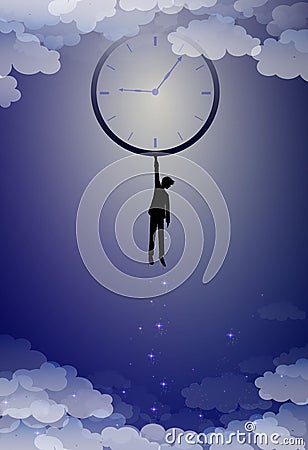 Your time concept, hold on your imagination time idea, boy silhouette holds clock above the clouds, man hanging with Vector Illustration