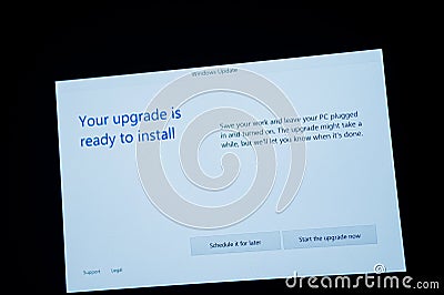 Your upgrade is ready to install mesasge on computer screen Editorial Stock Photo