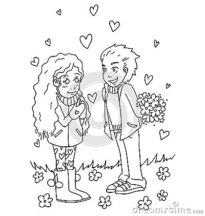 The youth celebrates love, first love, first kiss young hand drawing for coloring Vector Illustration