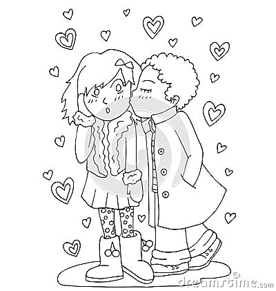 The youth celebrates love, first love, first kiss young hand drawing for coloring Vector Illustration