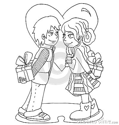 The youth celebrates love, first love, first kiss young hand drawing for coloring Vector Illustration