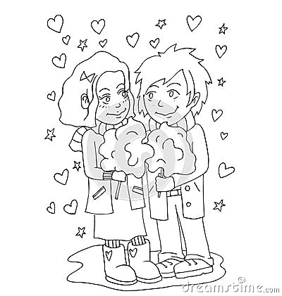 The youth celebrates love, first love, first kiss young hand drawing for coloring Vector Illustration