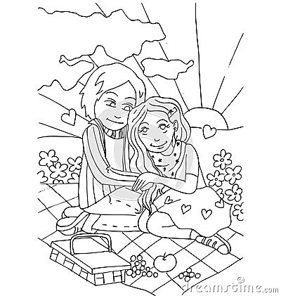 The youth celebrates love, first love, first kiss young hand drawing for coloring Vector Illustration