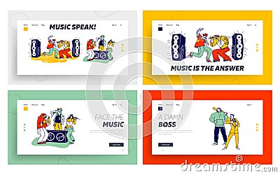 Youth Culture and Subculture Landing Page Template Set. Male and Female Characters Modern Musicians Vector Illustration