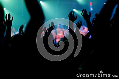 Group Crowd shot of Youth dance to Rock band/ Hip-Hop group/ Rave Stock Photo