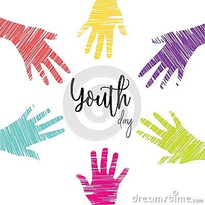 Youth Day card of diverse young people hands Vector Illustration