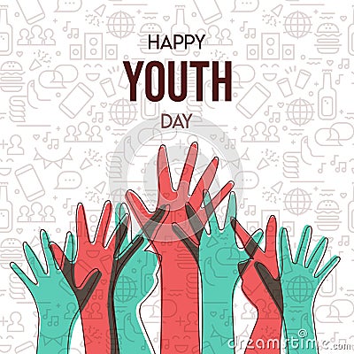 Youth Day card of diversity teen hand group Vector Illustration