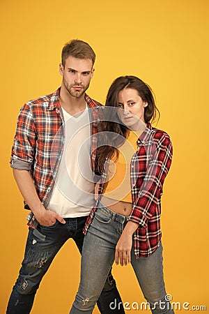 Youth fashion. Fashionable outfit. Simple casual clothes. Couple feeling comfortable. Country music concept. Country Stock Photo