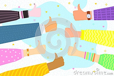 Youth Friday party. A lot of hands of young people showing thumbs up hand sign. Vector Illustration