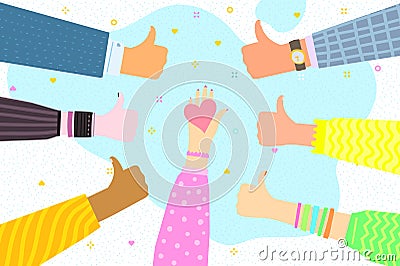 Youth Friday party. A lot of hands of young people showing thumbs up hand sign. Vector Illustration