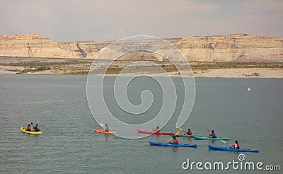 A youth group kayaking in the desert on labor day weekend Editorial Stock Photo