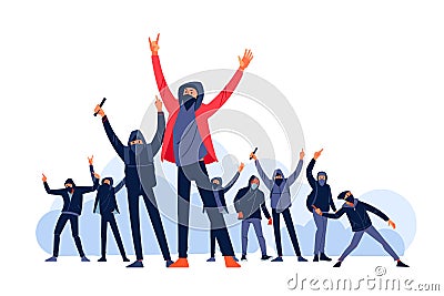 Youth Hooligans protests, fire smoke soot street fighting. Protesters throws stones toward police during city streets Vector Illustration