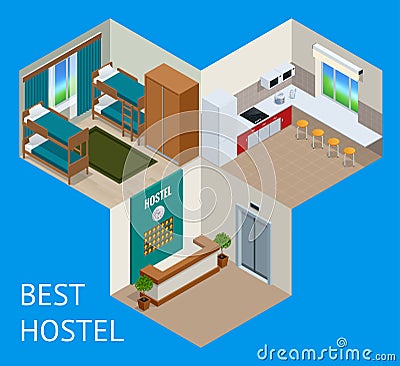 Youth hostel building facade, backpack, double decker bunk bed, room key Travel and tourism business themed items Vector Illustration