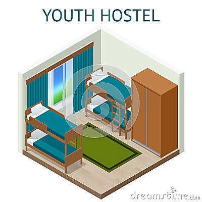 Youth hostel building facade, backpack, double decker bunk bed, room key Travel and tourism business themed items Vector Illustration