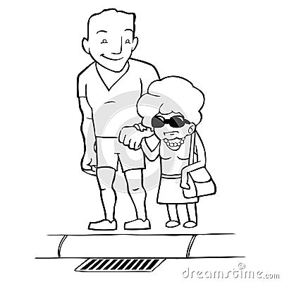 Youth Old Woman Crossing Street Cartoon Illustration