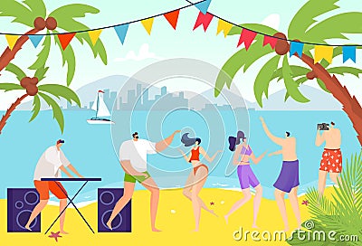 Youth party, people dancing on beach, cheerful young people, cool holiday, modern dance, design cartoon style vector Vector Illustration