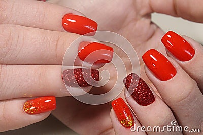 Youth Red manicure, velvet nails Stock Photo