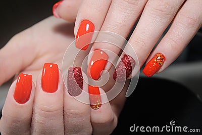 Youth Red manicure, velvet nails Stock Photo