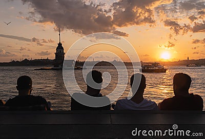 Youth relaxing and enjoying the cityscape of histiric Istanbul Editorial Stock Photo