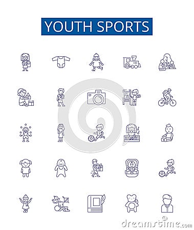 Youth sports line icons signs set. Design collection of Youth, Sports, Soccer, Basketball, Football, Baseball, Hockey Vector Illustration