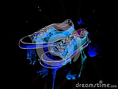 youth sports shoes on a black background, watercolor, illustration Cartoon Illustration