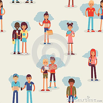 Youth teens group vector grouped teenagers and friends characters of girls or boys together illustration young student Vector Illustration