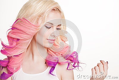 Youth women with colored curly hair on the white background. Beauty. Isolated. Studio. Gradient. Copy-space Stock Photo