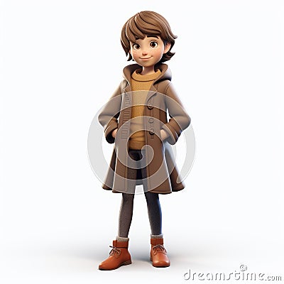 Youthful Cartoon Girl In Brown Coat - 3d Render Stock Photo