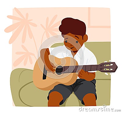 Youthful Guitarist Boy Strums With Joy, Fingers Dancing On Strings. Eyes Fixate On The Instrument, Lost In Melodies Vector Illustration