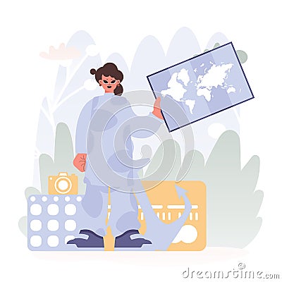 Youthful woman Holding a Diagram, Uncovering Unused Horizons, Getting a handle on the Encounter of Travel and the Charm Vector Illustration