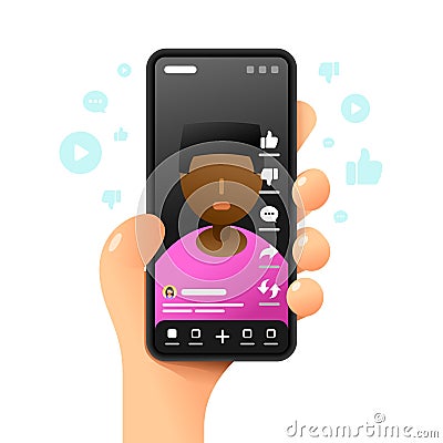 Youtube application on the smartphone screen. Full screen video. Blogging. Vector colorful phone mockup illustration Vector Illustration