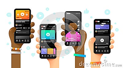 Youtube application on the smartphone screen. A lot of people watching videos. Blogging. Vector colorful phone mockup illustration Vector Illustration