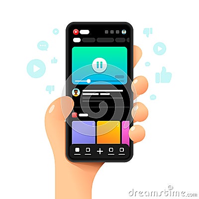 Youtube application on the smartphone. Sharing, likes and dislikes. Blog. Main screen. Vector colorful phone mockup illustration Vector Illustration
