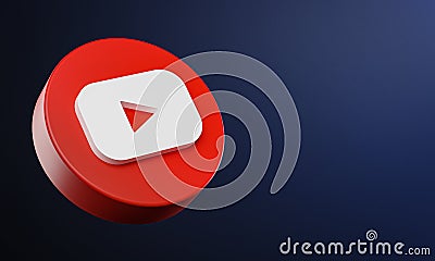 Youtube Circle Button Icon 3D on Dark Bakcgorund. Elegant Template Blank Space Editorial Stock Photo