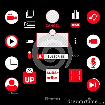 Youtube Elements Set for Video Blog Design. Youtube Icons. Subscribe Button, Swipe Up, Profile Icon, Play Button Vector Illustration